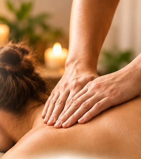 A relaxing shoulder massage in a warm, softly lit setting